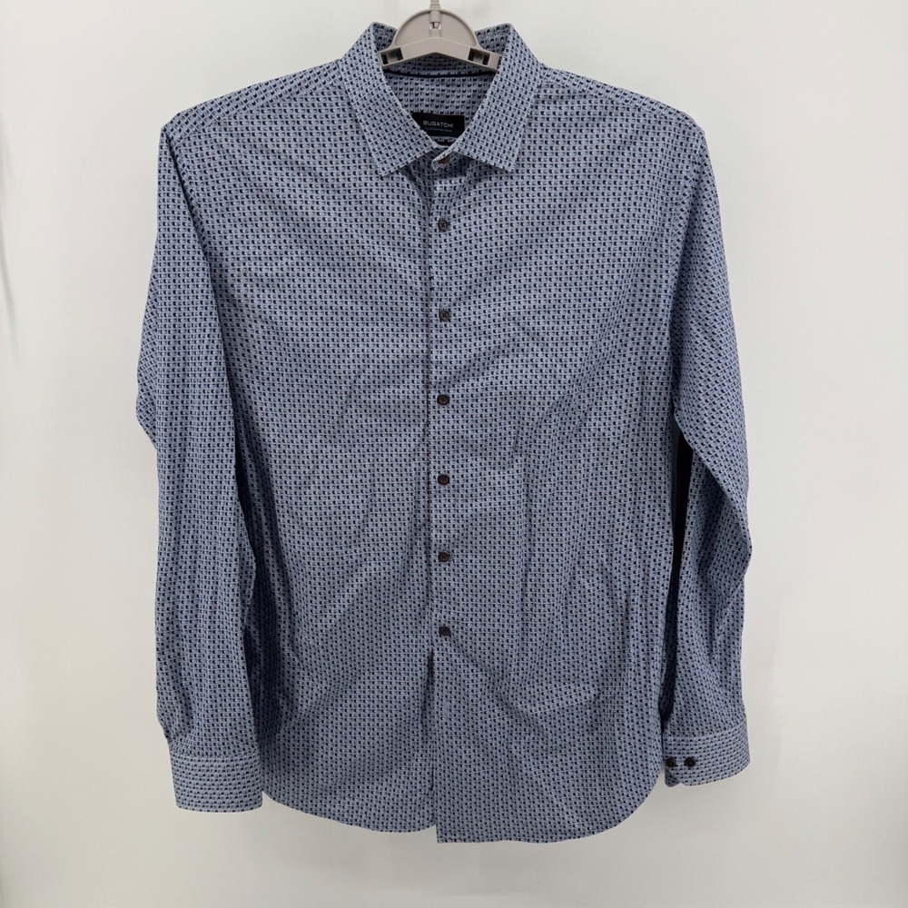Bugatchi OoohCotton Tech Shirt Mens XXL Blue Geometric 8-Way Stretch Button Up